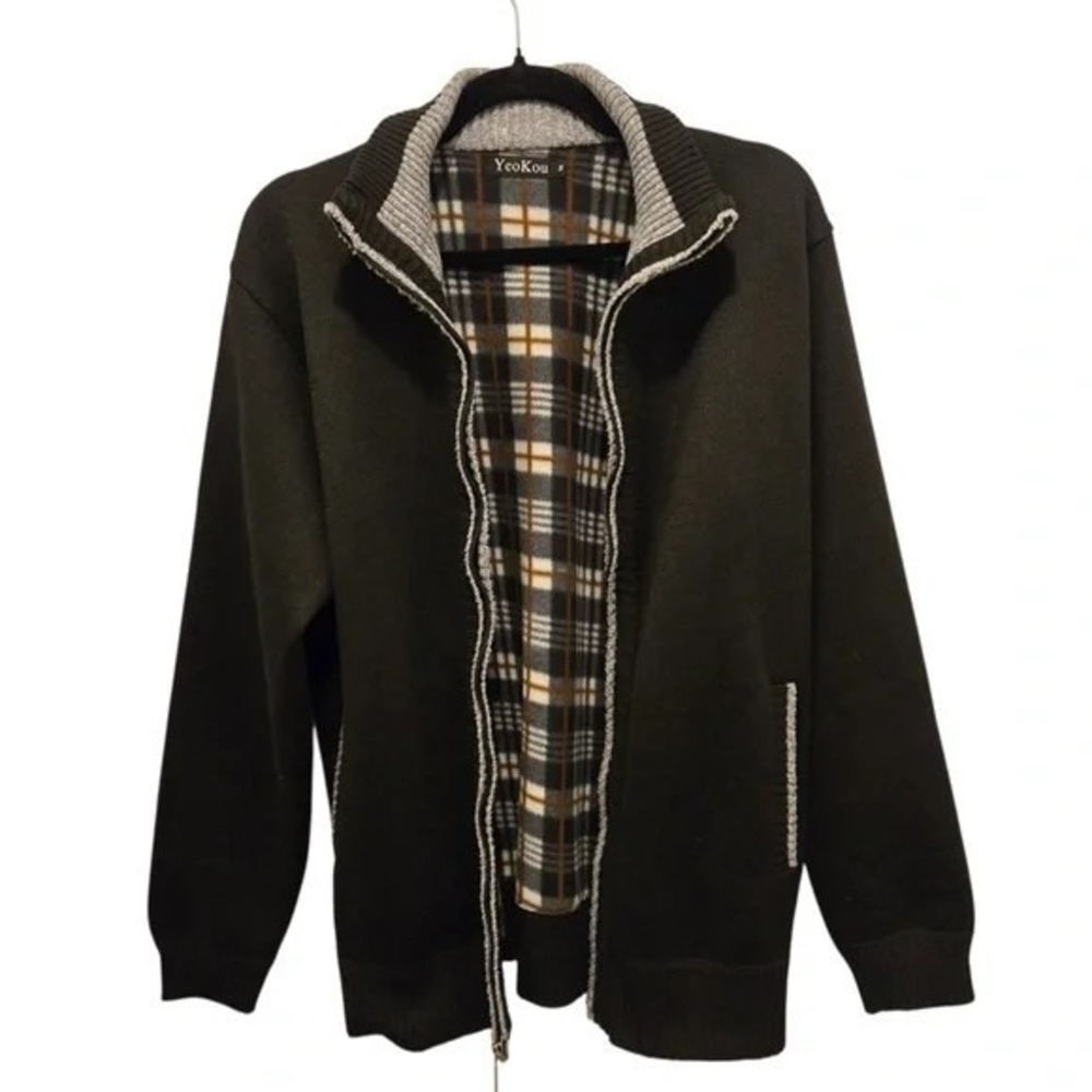 Yeokou Cashmere Wool Blend Sweater Jacket Mens Sz S/M Black Full Zip Plaid Lined